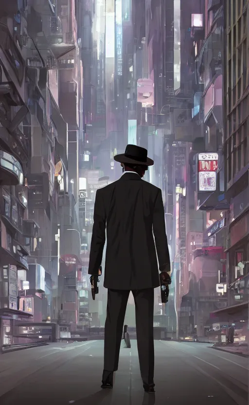 Prompt: a handsome black detective wearing a gray fedora, suit, and trench coat, holding a blaster, standing in a night futuristic city, film noir, highly detailed, digital painting, artstation, cinematic lighting, in style of ilya kuvshinov, wlop, alphonse mucha, yoji shinkawa, anime aesthetic