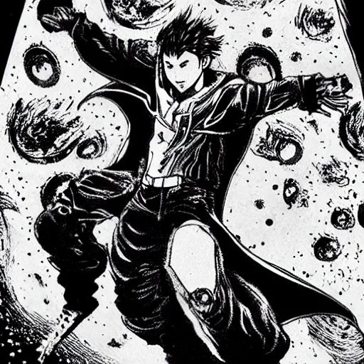 Image similar to black and white pen and ink!!!!!!! MAPPA designed Ryan Gosling x Guts wearing cosmic space robes made of stars final form flowing royal hair golden!!!! Vagabond!!!!!!!! floating magic swordsman!!!! glides through a beautiful!!!!!!! Camellia!!!! Tsubaki!!! death-flower!!!! battlefield dramatic esoteric!!!!!! Long hair flowing dancing illustrated in high detail!!!!!!!! by Moebius and Hiroya Oku!!!!!!!!! graphic novel published on 2049 award winning!!!! full body portrait!!!!! action exposition manga panel black and white Shonen Jump issue by David Lynch eraserhead and beautiful line art Hirohiko Araki!! Rossetti, Millais, Mucha, Jojo's Bizzare Adventure!!