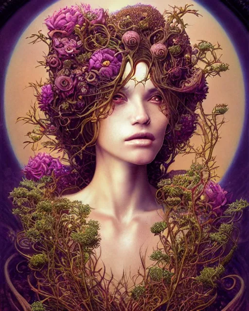 Image similar to centered beautiful detailed front view portrait of a woman with ornate growing around, ornamentation, flowers, elegant, beautifully soft lit, golden ratio, full frame, by wayne barlowe, peter mohrbacher, kelly mckernan,