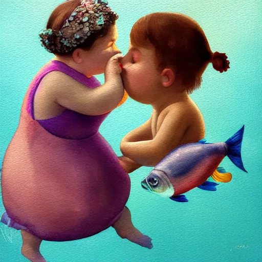 Image similar to a hype realistic oil painting of the most cute little fat girl kissing a huge colorful cute fish. hype realistic scene. old photography style. studio lighting. window. 3 d, octane render, deep focus, fashion style, white scene. very funny and sweet art. unreal engine. watercolor. fellini style. poster quality. da vinci painting style. illustration.