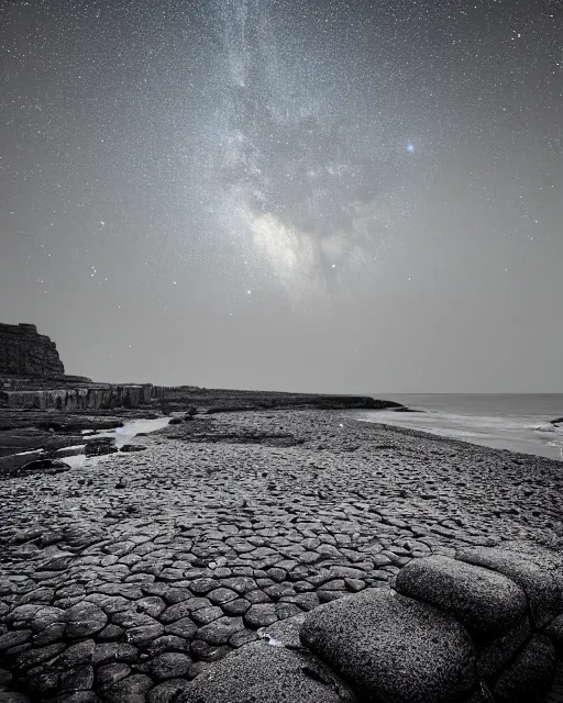 Image similar to perseid meteor shower over the giant's causeway, in the style of the dutch masters and gregory crewdson, dark and moody, depth of field