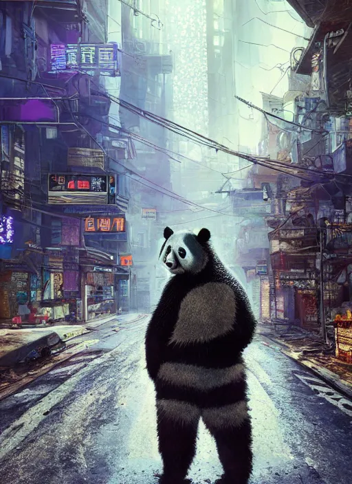 Prompt: hyperrealism, detailed textures, photorealistic 3 d cyberpunk panda in apocalyptic city, ultra realistic, cinematic, intricate, cinematic light, unreal engine 8 k, octane render, unreal engine