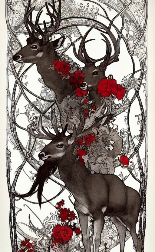 Image similar to black and white deer, with highly detailed with red flowers, long flowing mane and tail, ultra high detail, symmetry, in a hellscape, detail art style of alfons maria mucha, and peter mohrbacher atyles god lighting