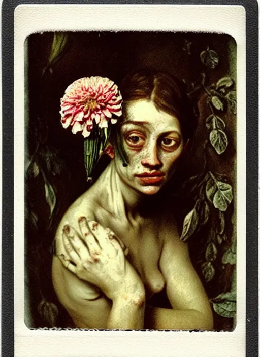 Image similar to beautiful and detailed rotten woman made of plants and many types of stylized flowers like carnation, chrysanthemum, roses and tulips, intricate, surreal, john constable, guy denning, gustave courbet, caravaggio, romero ressendi, vladimir volegov 1 9 1 0 polaroid photo