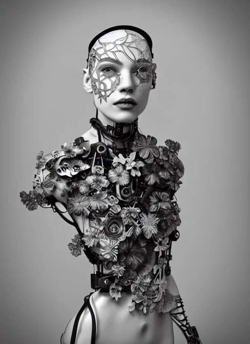 Image similar to monochrome 3 d model, biomechanical beautiful young female cyborg with porcelain profile face and a big floral eye, volumetric light, leaves foliage and stems, hibiscus flowers, boho floral vines, sinuous fine roots, fine foliage lace, alexander mcqueen, rim light, big gothic fashion pearl embroidered collar, steampunk, octane render, 8 k