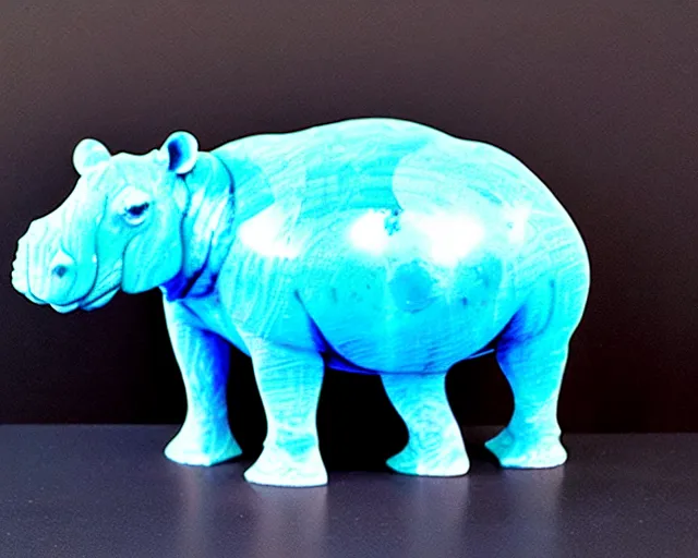 Prompt: a sculpture of hippo baby, half wood carved half blue translucid resin epoxy, cubic blocks, side view centered, mixmedia, transparent,