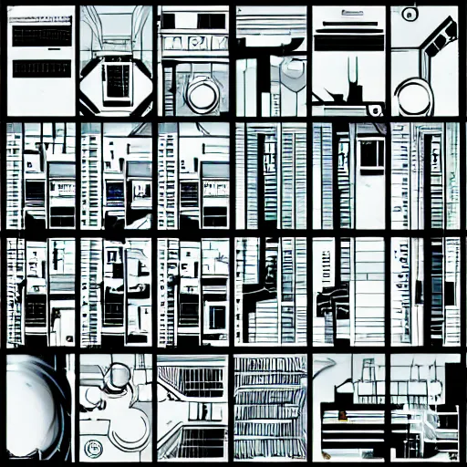 Prompt: cyberpunk physics, grid of square panels, comic style