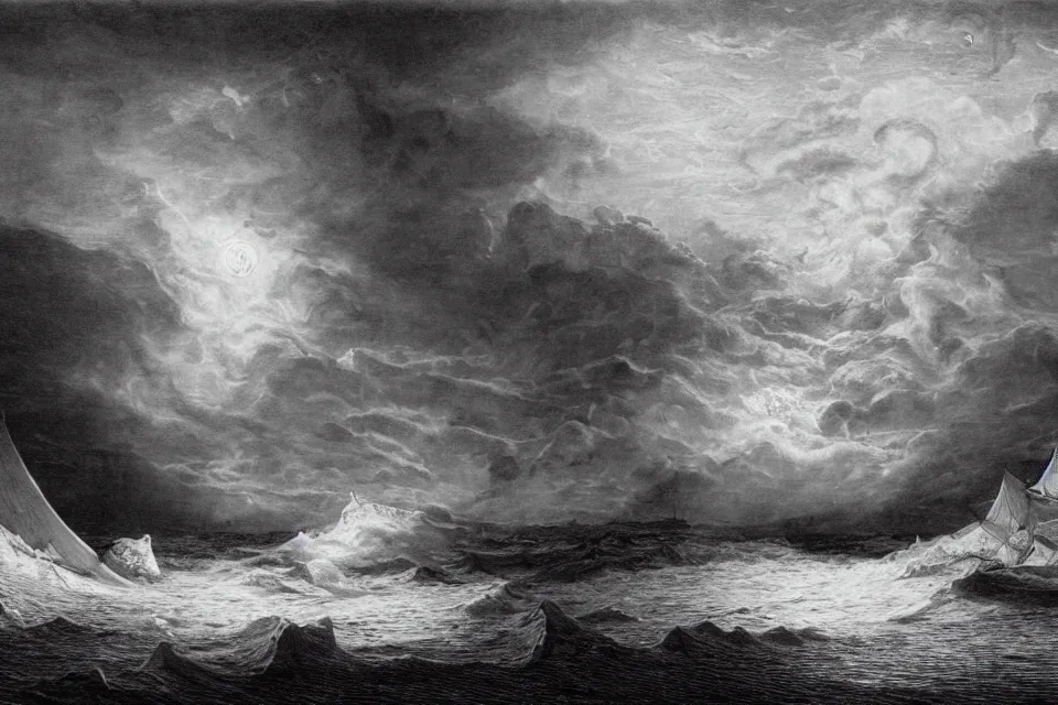 Prompt: the sea of ice, an engraving of a shipwreck in the arctic by gustave dore