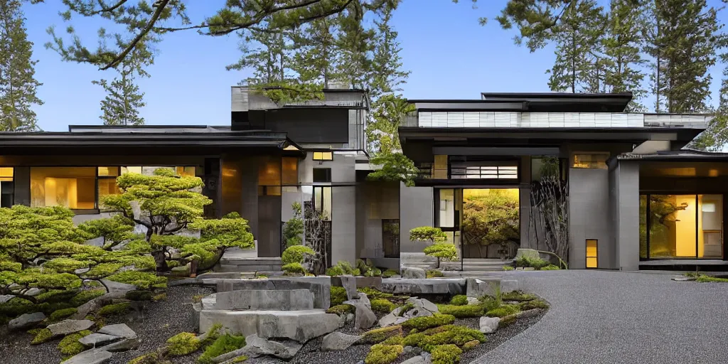 Image similar to large modern residence, pacific northwest japanese style, flared japanese black tile roof, many windows, elegant