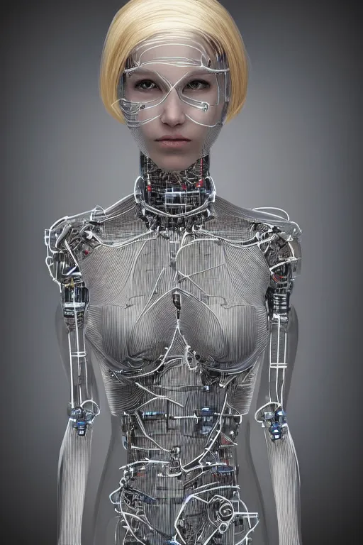 Image similar to robot with human face, female head, full body angle, woman human face, human face realistic, beautiful blonde hair, human head, human head with blonde hair, blonde hair human head, blonde hair, human realistic face, human head skin, cyborg frame concept, cyborg by ales-kotnik, sci-fi android female, the body is made of wires, robotic body, cyborg body, cyborg bust body, robot body cyborg, full body