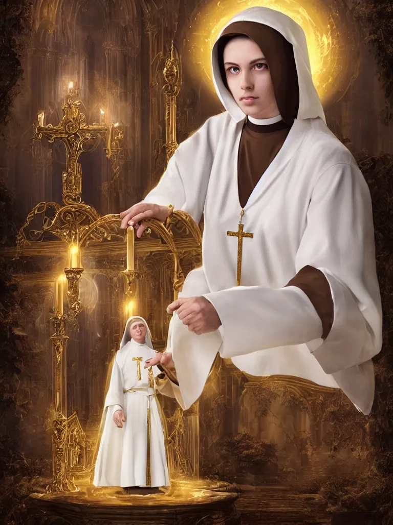 Prompt: Full portrait of a young Nun Lady, pearl white robes with golden details, alluring, detailed face, dark brown skin, supernatural golden eyes, golden straight hair, bracelets, floating, spellcasting, statues and an altar filling the background, SINGLE CHARACTER!, highly detailed, high fantasy, dnd, d&d, dungeons and dragons, smooth, sharp focus, no extra characters, realistic, digital illustration, by Krenz Cushart and Artem Demura and alphonse mucha, artstation, HD, 4K, midjourney