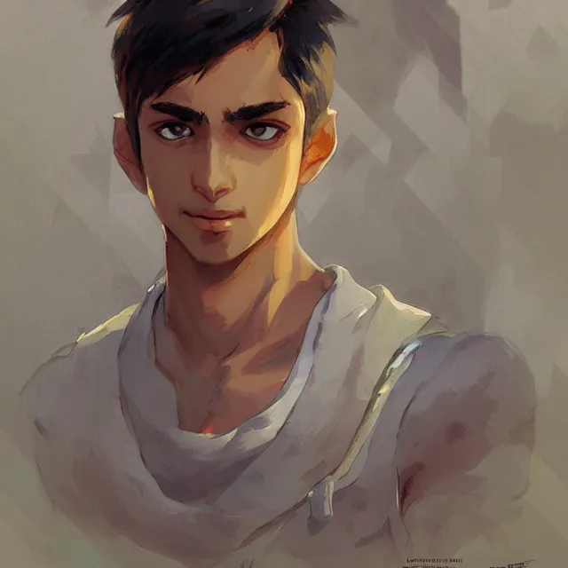 Image similar to tan skinned pakistani boy as an anime protagonist, elegant, intricate, digital painting, artstation, concept art, smooth, sharp focus, illustration, art by konstantin korovin and daniel f. gerhartz and john howe