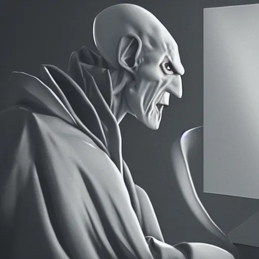 Image similar to nosferatu wearing looking at his monitor photorealistic great photograph