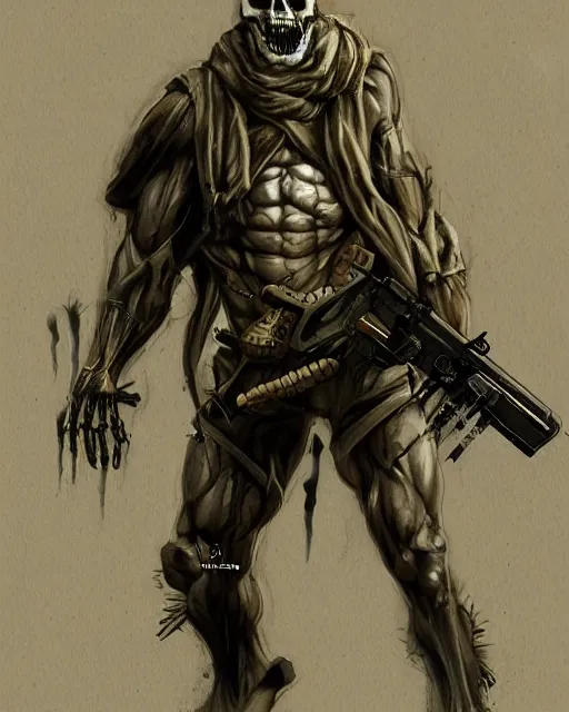 Prompt: rambo exposed to radiation and became skeleton, full body, concept art, high detailed, fine art, trending on artstation, smooth draw, sharp focus.