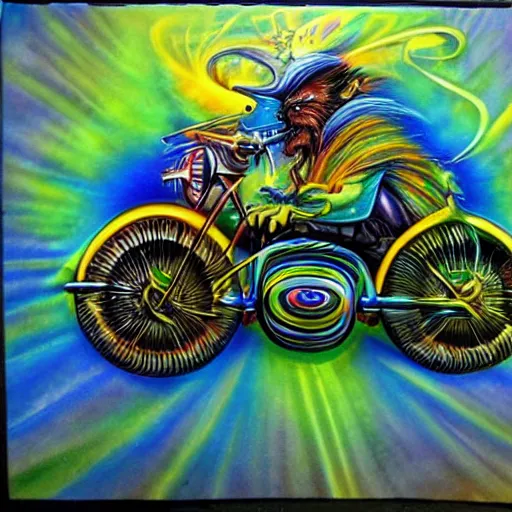 Image similar to psychedelic airbrush art of an orc driving a motorcycle