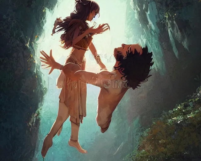 Prompt: a cinematic boy girl traditional romance moment, exploring the caves boho clothing, full body illustration, bestselling movie art poster, official media, 1970s fashion, dynamic lighting official anime media, incredible art by artgerm and greg rutkowski