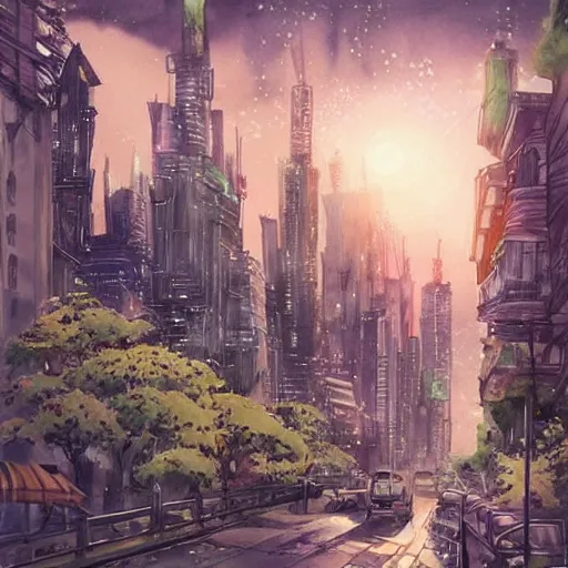 Image similar to Beautiful happy picturesque charming sci-fi city in harmony with nature. Beautiful light. Nice colour scheme, soft warm colour. Beautiful detailed watercolor by Lurid. (2022)