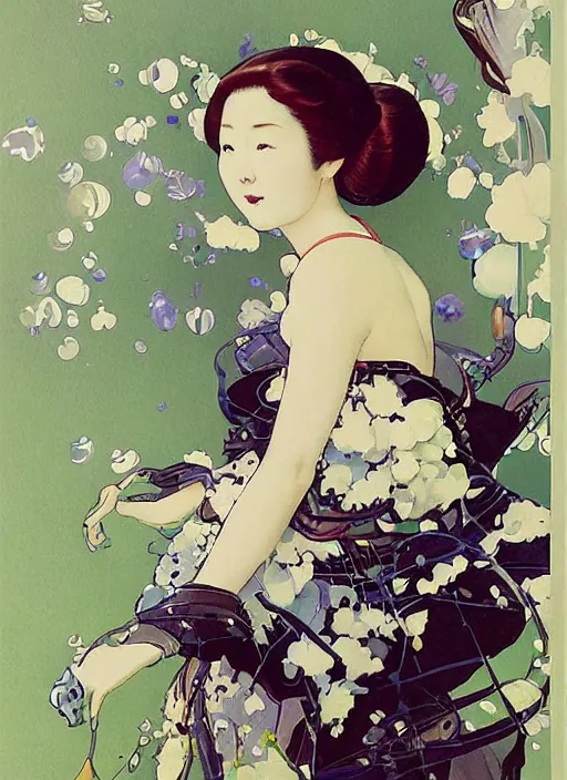 Image similar to a copic maker art nouveau portrait of a japanese girl detailed features wearing a futuristic weeding puffy dress designed by balenciaga by john berkey, norman rockwell akihiko yoshida