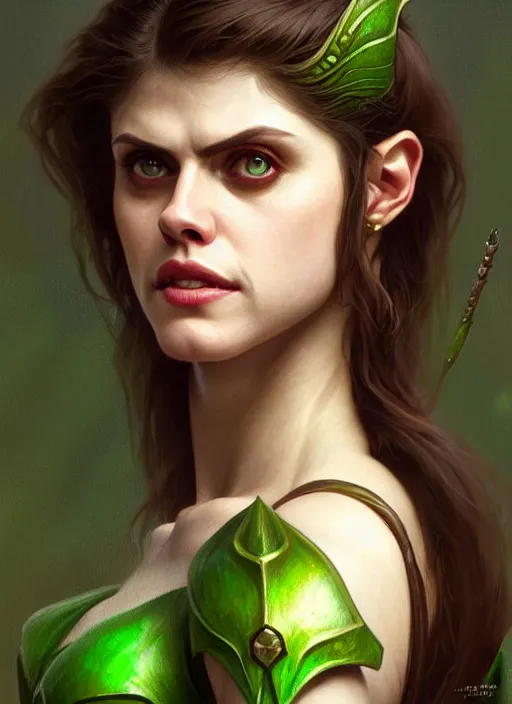 Image similar to portrait of alexandra daddario as a goblin, d & d, muscular! green, fantasy, intricate, elegant, highly detailed, digital painting, artstation, concept art, smooth, sharp focus, illustration, art by artgerm and greg rutkowski and alphonse mucha