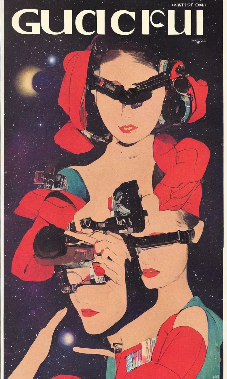 Prompt: 1979 OMNI Magazine Cover depicting a portrait of a Beautiful woman wearing a Gucci kimono and AR goggles, qAkira style by Vincent Di Fate