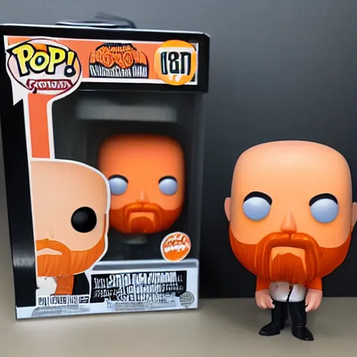Prompt: funko pop bald man with a large orange beard in funko pop box