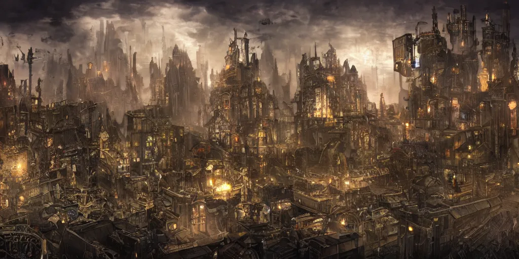 Image similar to Landscape imagery of a crime ridden city mixed of technology and magic, wizards and machines, steampunk, dungeons and dragons, artificer, 8k, realistic