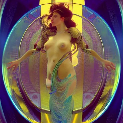 Image similar to a beautiful female machine droid in ocean waves of glossy liquid stardust flowing like psychedelic soap bubble, lsd waves, lsd ripples, backlit, dramatic, refracted lighting, masterpiec volumetric lighting, 8 k octane, beautifully detailed render, post - processing, extremely detailed, intricate, epic composition, cinematic lighting, scifi art nouveau by collier. alphonse mucha