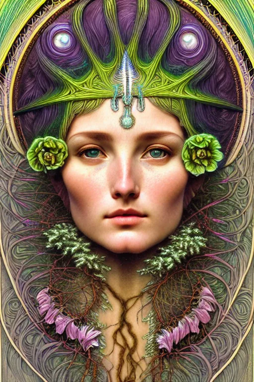 Prompt: hyperrealistic detailed face portrait of the beautiful goddess of the northern lights with an intricate headgear of a beautiful landscape, art by ernst haeckel, john william godward, android jones, alphonso mucha, h. r. giger, gothic - cyberpunk, ornamental, dimmed pastel colours,