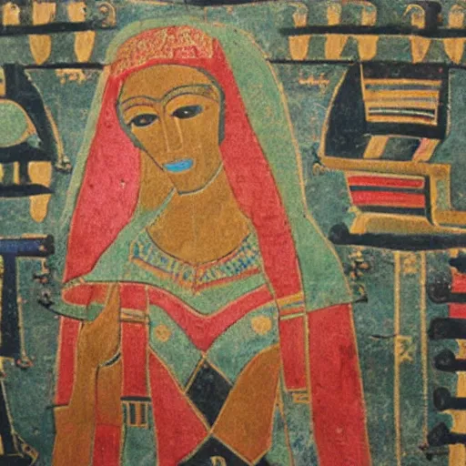 Image similar to sumerian mural of mona liza