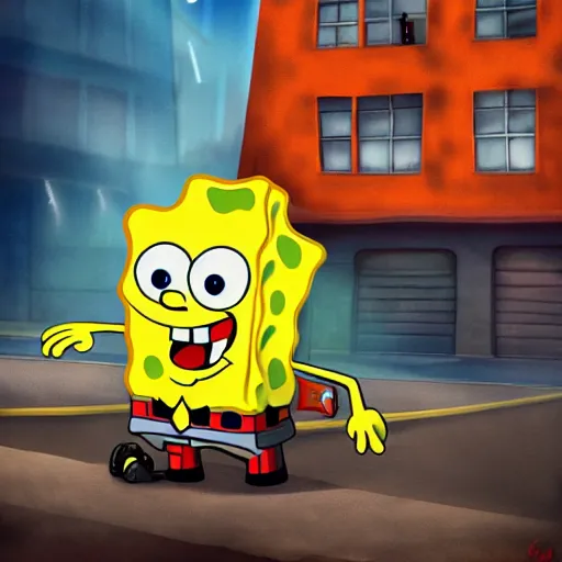 Image similar to spongebob as a firefighter in the city, cinematic, sci-fi, high definition, digital art, artstasion, deep depth of field