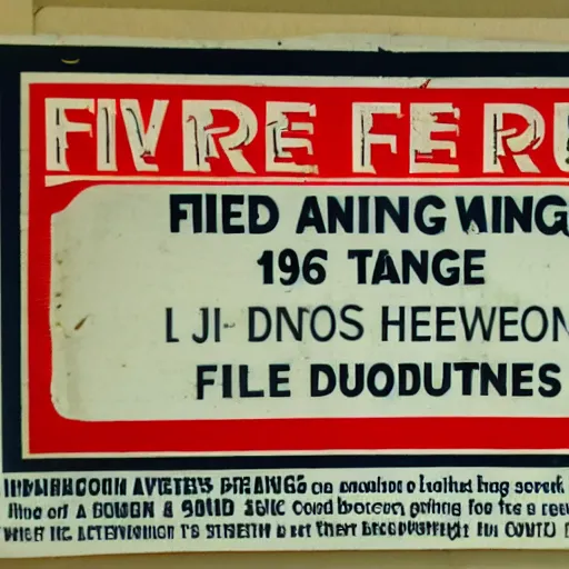 Prompt: vintage 1 9 6 0 s fire warning label