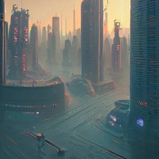 Prompt: afternoon futuristic cityscape in mars, high detail, sharp, neon lights, long shot, sci-fi digital painting by Simon Stålenhag,