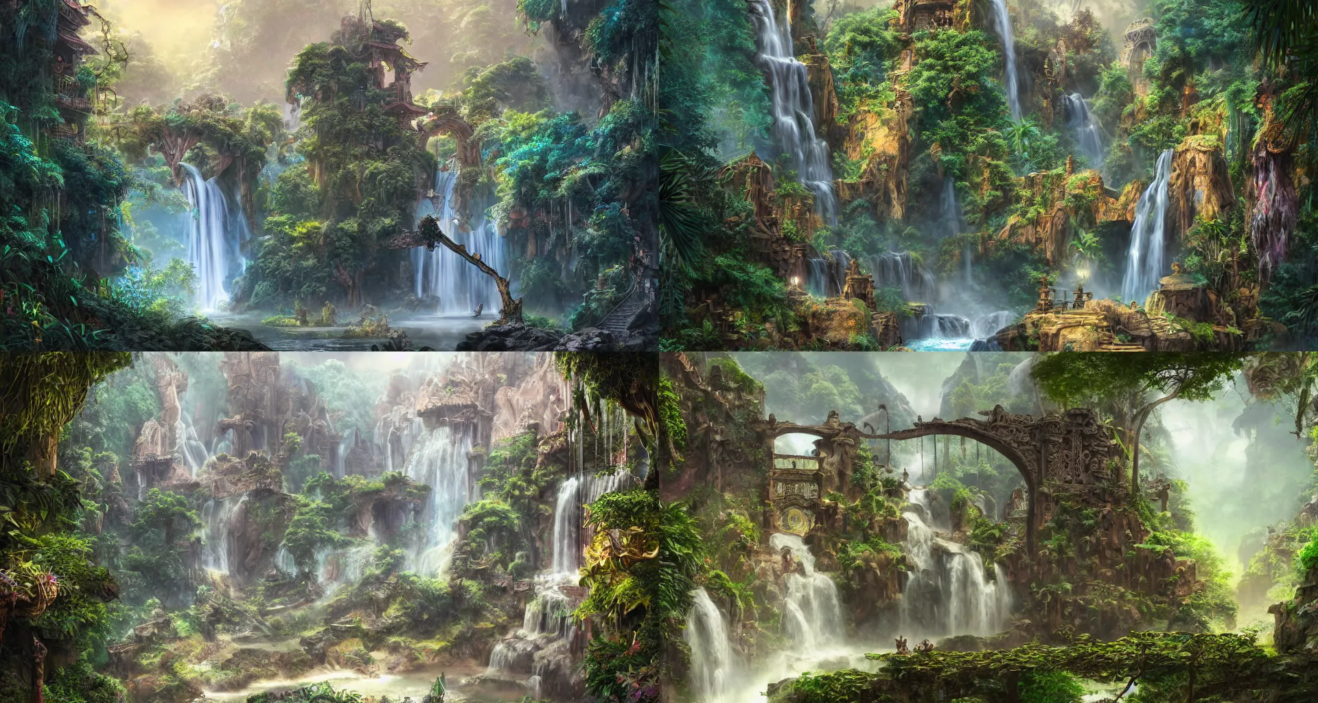 Prompt: a beautiful detailed matte painting of ancient gate mystical ornamental design in the jungle and small waterfall, by cai zhichao and tyler edlin, hyper realistic, concept art, futurism, vibrant, detailed, trending on artstation