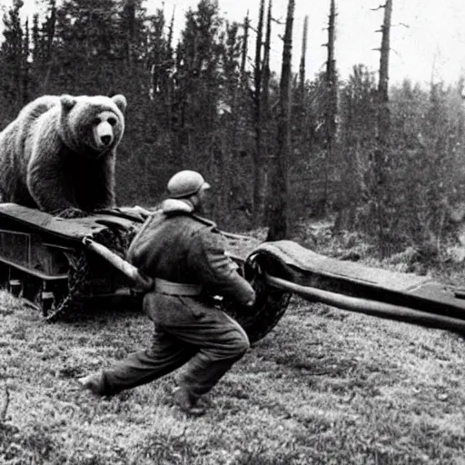 Image similar to a picture of a enormous bear pulling a towed canon behind him, eastern front, ww 2, historical picture