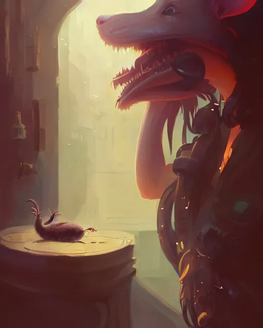 Image similar to highly detailed vfx portrait of a rat, unreal engine, greg rutkowski, loish, rhads, beeple, makoto shinkai and lois van baarle, ilya kuvshinov, rossdraws, tom bagshaw, alphonse mucha, global illumination, detailed and intricate environment