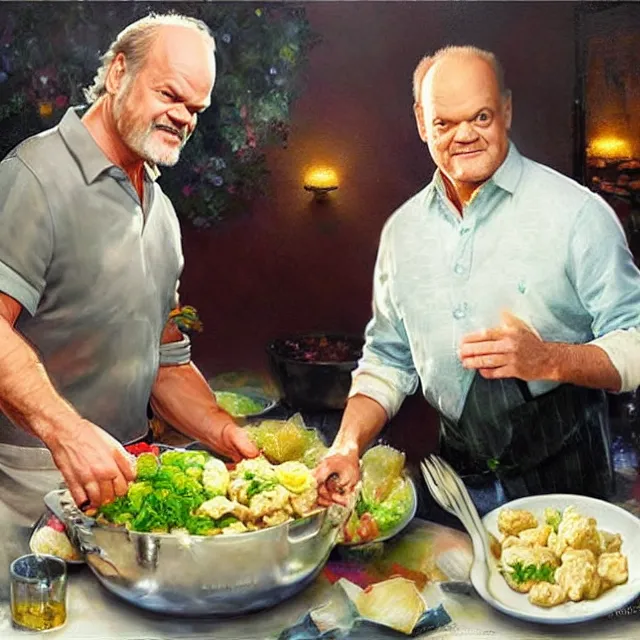 Prompt: kelsey grammer making tossed salad and scrambled eggs, an oil painting by ross tran and thomas kincade