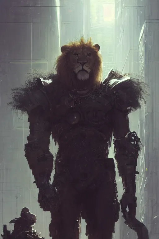 Image similar to portrait male anthro lion character full body precis no blur, concept art, character sheet, nier automata, gaston bussiere, greg rutkowski, tsutomu nihei, cyberpunk, trending on artstation, featured on pixiv, hyper detail, cinematic composition, 8 k