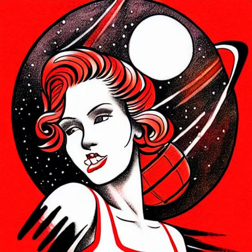 Prompt: old school, traditional style tattoo sketch of beautiful redhead girl, in space riding a rocket, in front of jupiter planet, red, black brown colors drawn by sailor jerry, vic james, electric martina, heath clifford, kimi vera