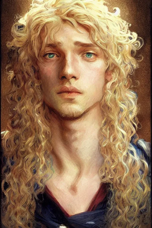 Image similar to portrait of enjolras from les miserables, ray of light, highly detailed, shimmering and prismatic, rococo, by krenz cushart and mucha and monet, trending on artstation.