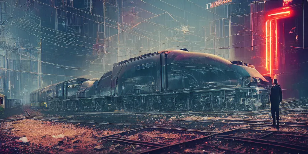 Image similar to a man standing in front of a train on a train track, cyberpunk art by mike winkelmann, trending on cgsociety, retrofuturism, reimagined by industrial light and magic, darksynth, sci - fi