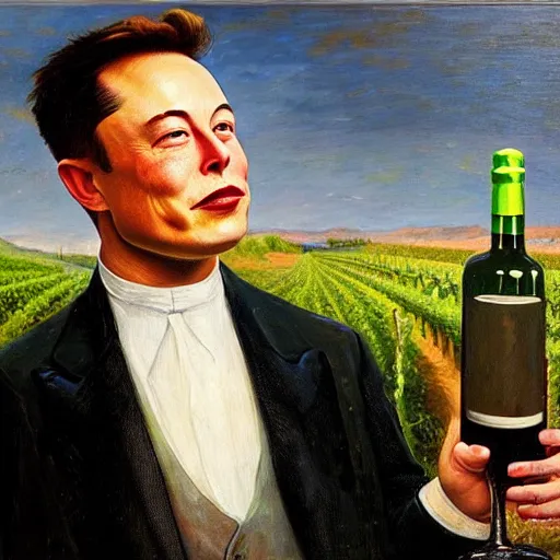 Prompt: Elon musk turns water into wine, oil on canvas, 1883