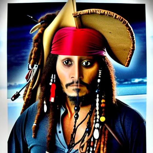 Image similar to paul mooney as jack sparrow in the style of modern movie poster by otto dix