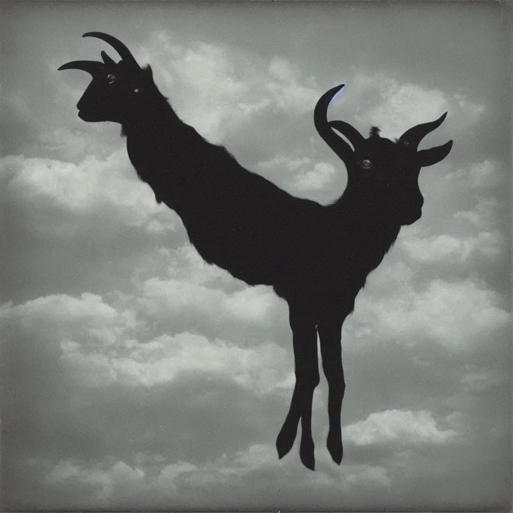 Image similar to polaroid of a black goat in the sky, hyperrealistic, detailed