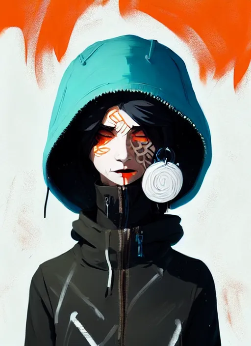 Prompt: highly detailed portrait of a sewer punk lady student, blue eyes, leather hoodie, hat, white hair by atey ghailan, by greg tocchini, by james gilleard, by kaethe butcher, gradient orange, black, brown and cyan color scheme, grunge aesthetic!!! ( ( graffiti tag wall background ) )