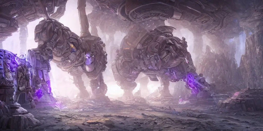 Image similar to a digital painting of a big robot made of white stone, purple crystal inlays, wow kyrian style, by jonas de ro and samwise didier, keeping the entrance of a sanctum, crystals enlight the scene, view is centered on the robot, cinematic lights, at dawn, unreal engine, attestation, deviantart