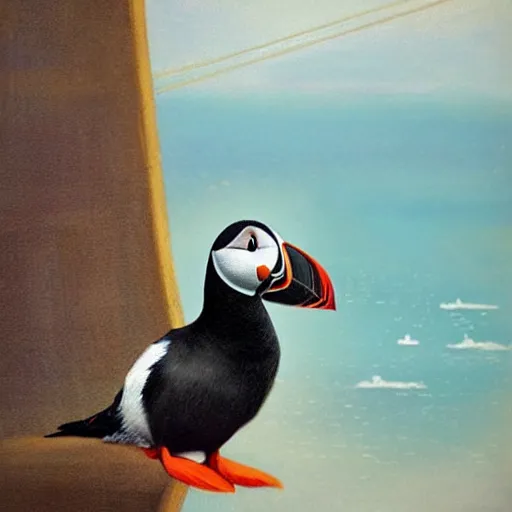 Image similar to realistic puffin sitting on a big swing, hyper detailed, trending on artstation