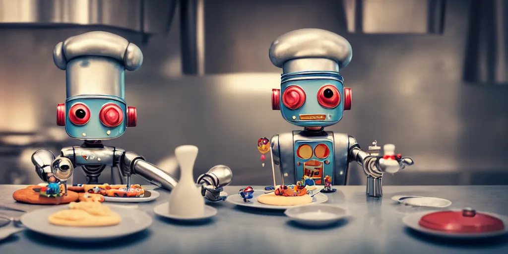 Image similar to closeup portrait of tin toy retro robot chef cooking pastry in a kitchen, depth of field, zeiss lens, detailed, centered, fashion photoshoot, by nicoletta ceccoli, mark ryden, lostfish, breathtaking, 8 k resolution, extremely detailed, beautiful, establishing shot, artistic, hyperrealistic, octane render