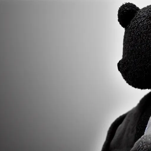 Image similar to Portrait studio photograph of Kanye West & an anthropomorphic teddy bear, close up, shallow depth of field, in the style of Felice Beato, Noir film still, 40mm