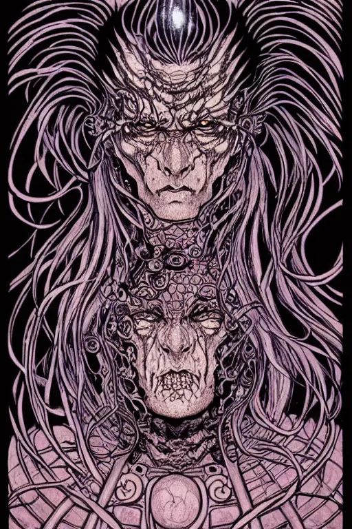 Image similar to illustration of old wrinkly demon that causes earthquakes, rock themed, intricate linework, in the style of moebius, ayami kojima, 1 9 9 0's anime, retro fantasy