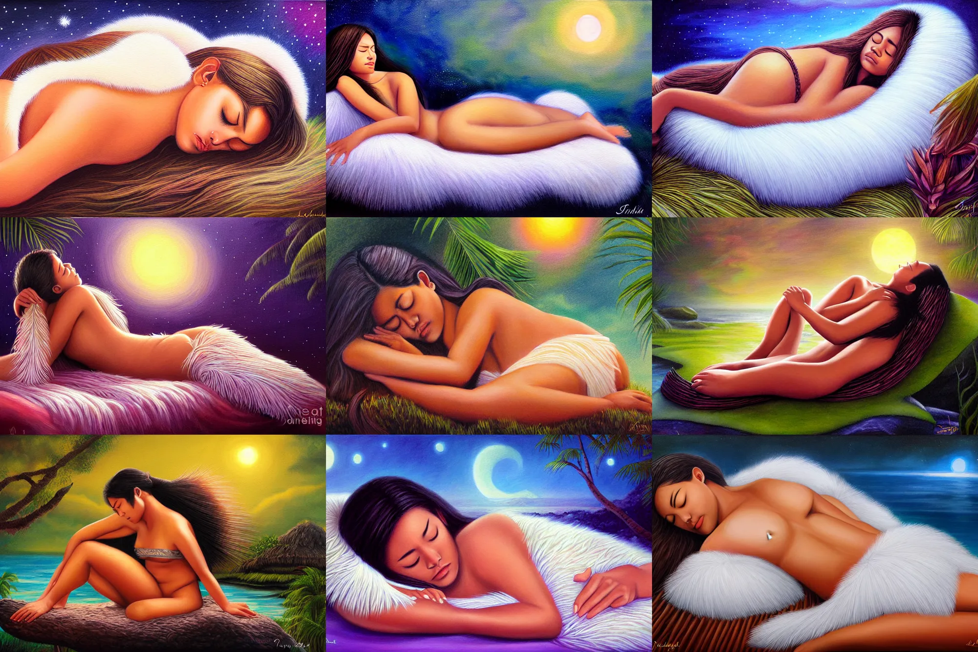 Prompt: polynesian sleeping sitting goddess, photorealistic lemurian night, detailed soft fantasy art painting